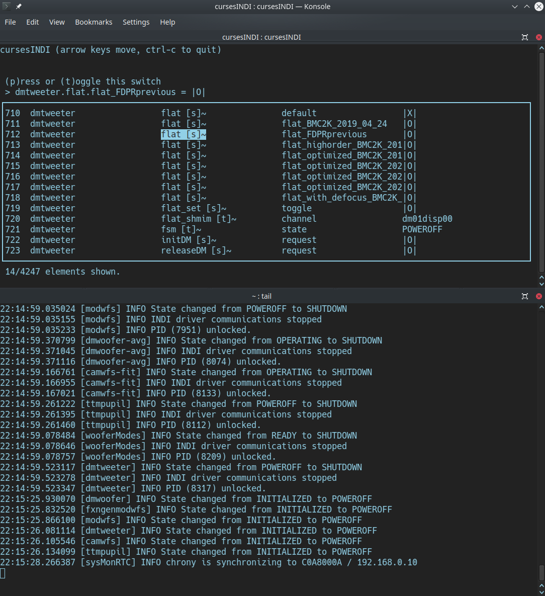 screenshot of a terminal showing cursesINDI in action